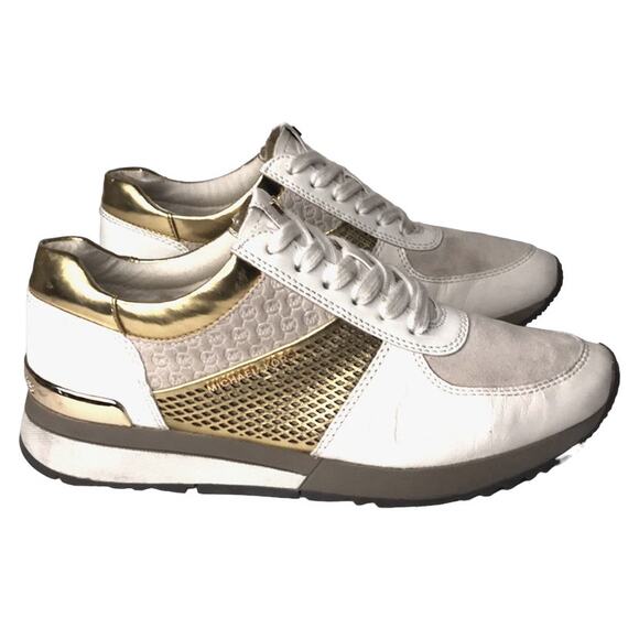MICHAEL KORS SNEAKERS SHOES WHITE AND GOLD LEATHER AND FABRIC WOMENS SIZE 8.5 - Picture 3 of 14